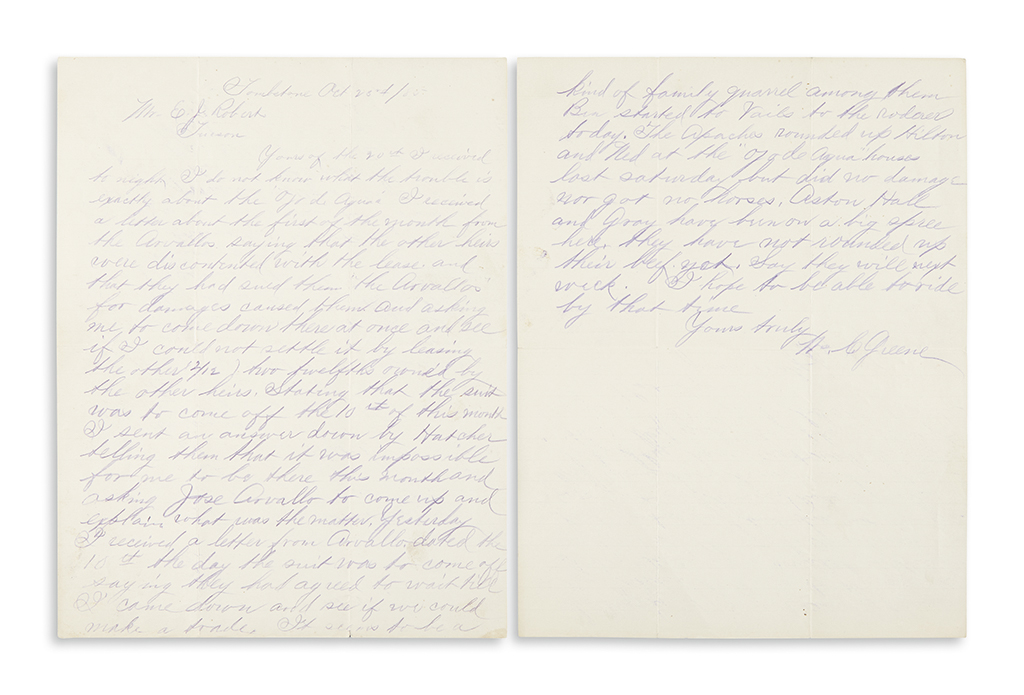 (ARIZONA.) Greene, William Cornell. Letter from Tombstone, discussing Apache trouble and ranch hands on a spree.